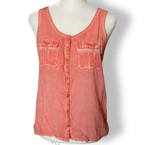 Aeropostale Size S Sleeveless Blouse Front Pockets Coral Pigment Dyed Round Neck - Picture 1 of 8